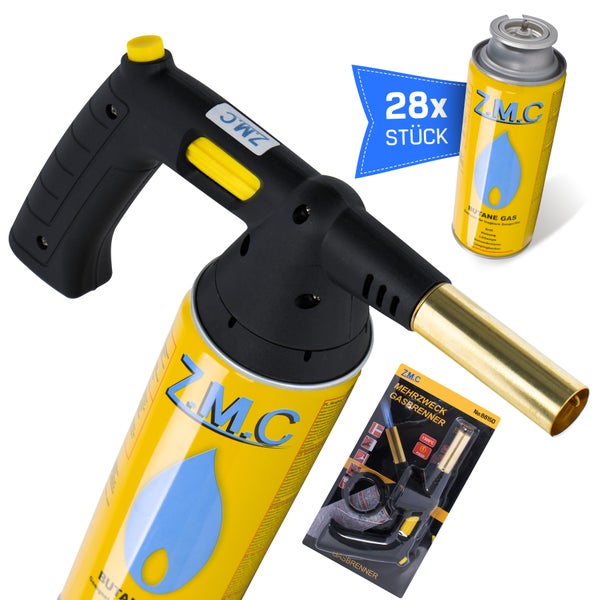Z.M.C Gasbrenner 1,5 kW + 28 Gaskartuschen 227g, mit Piezo-Zündung, Flambierbrenner bis zu 1300°C, Bunsenbrenner Lötbrenner, Creme Brulee Brenner, Küchenbrenner mit einstellbare Flamme