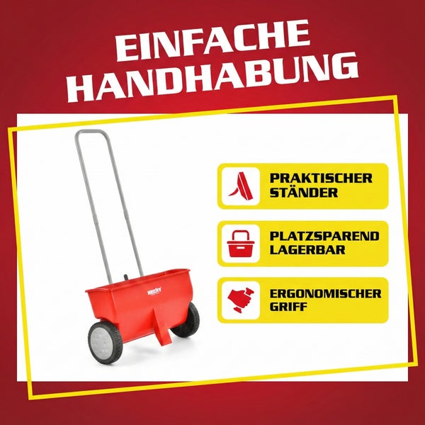 Streuwagen mit praktischem Ständer, platzsparender Lagerung und ergonomischem Griff