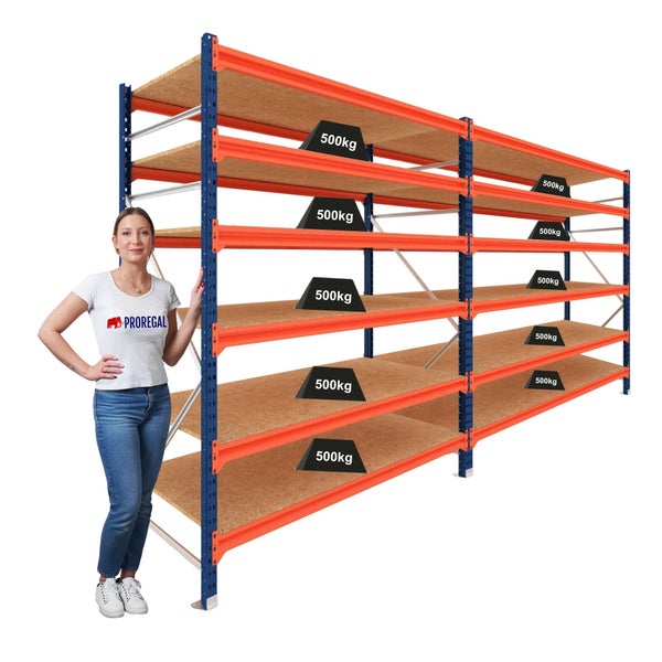 Proregal Schwerlastregal mit 5 Holzböden, blau-orange, Tragkraft von 500 Kilogramm pro Boden.