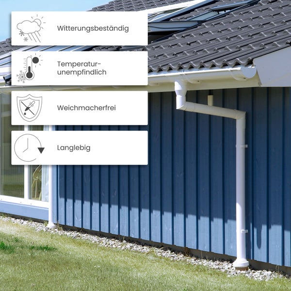 Dachrinne und Fallrohr an einem Haus mit Symbolen für Witterungsbeständigkeit, Temperaturunempfindlichkeit, weichmacherfrei und Langlebigkeit.