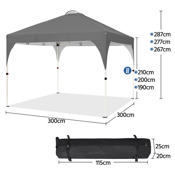 Abbildung eines Pavillons mit den Maßen 300 cm x 300 cm und einer variablen Höhe zwischen 267 cm und 287 cm, inklusive Tragetasche mit den Maßen 115 cm x 25 cm.