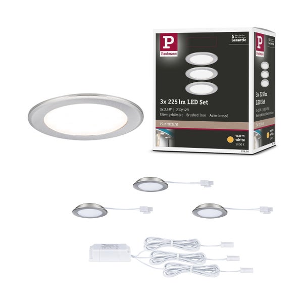 LED Möbeleinbauleuchten 3er-Set rund 65 mm 3x2,5W 3x180lm 230/12V 3000K Eisen gebürstet