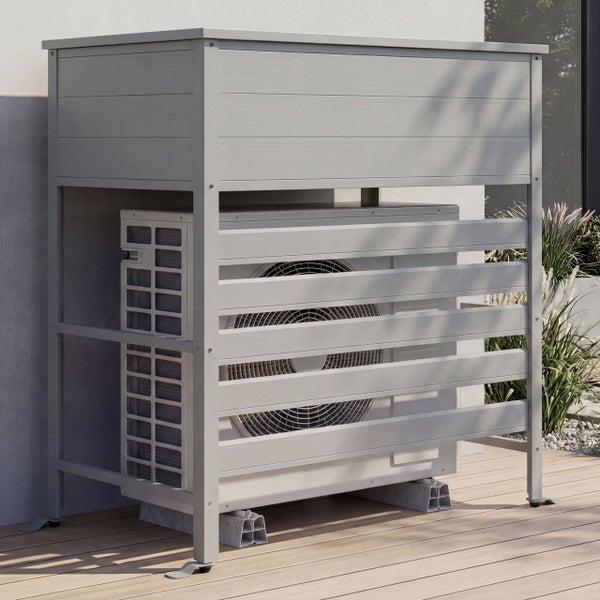 Detailansicht der Deckelstütze und des Scharniers einer Gartenbox aus Metall.