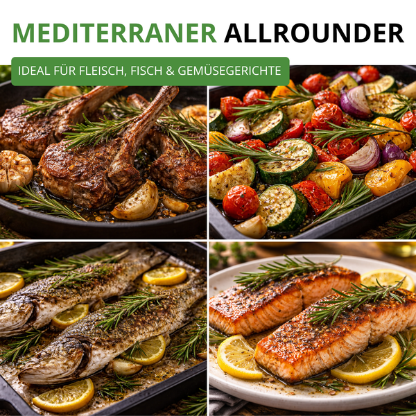 Collage verschiedener mediterraner Gerichte: Gegrilltes Fleisch, Röstgemüse, ganze Fische und Lachsfilets, garniert mit Rosmarin und Zitrone.