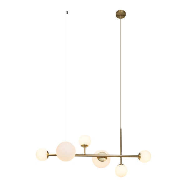 Moderne Hängelampe mit sechs Glaskugeln und Metallstruktur