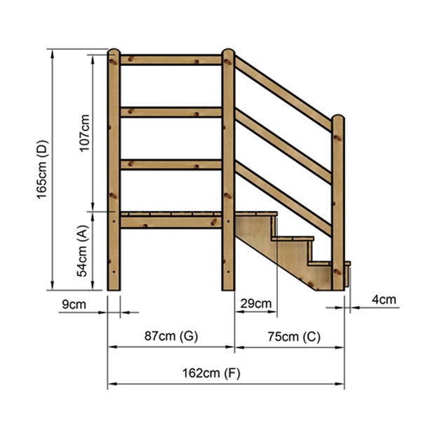Technische Zeichnung einer Holztreppe mit Maßangaben
