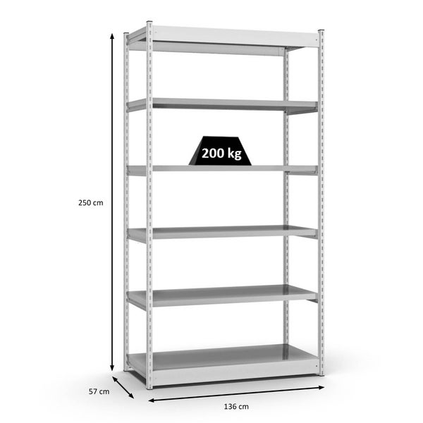 PROREGAL Fachbodenregal Stecksystem Vierkant-Profil Grundregal HxBxT 250 x 132,5 x 50 cm 6 Ebenen Einseitige Bauart Fachlast 200 kg Lichtgrau