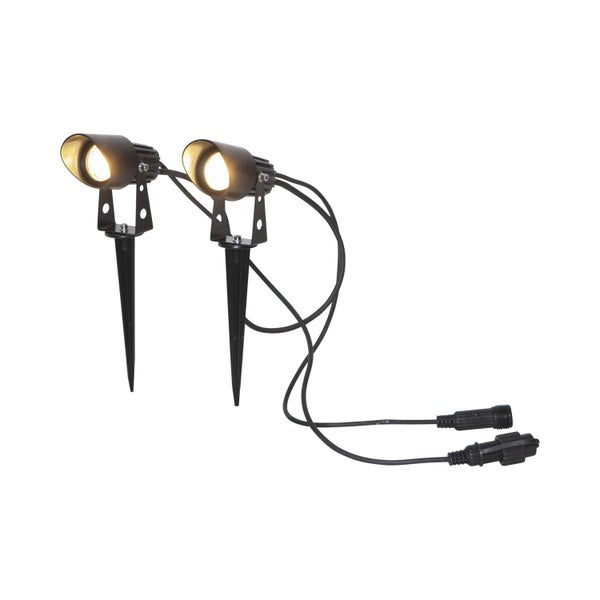 Zwei Erdspießleuchten mit Kabel und Steckverbindern
