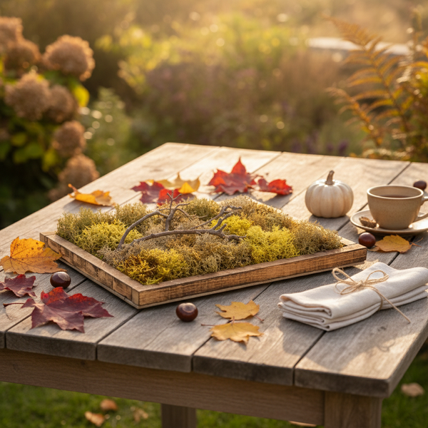 Herbstliche Dekoration auf einem Holztisch mit Isländisch Moos in einem Holztablett, bunten Ahornblättern, Kastanien und einem kleinen Kürbis.