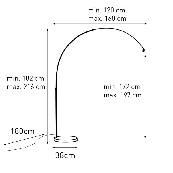 Maßskizze einer Bogenlampe mit Angaben zu Höhe, Ausladung und Sockeldurchmesser in Zentimeter.