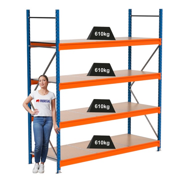 Regalsystem mit vier Regalebenen und einer Traglast von 610 Kilogramm pro Ebene