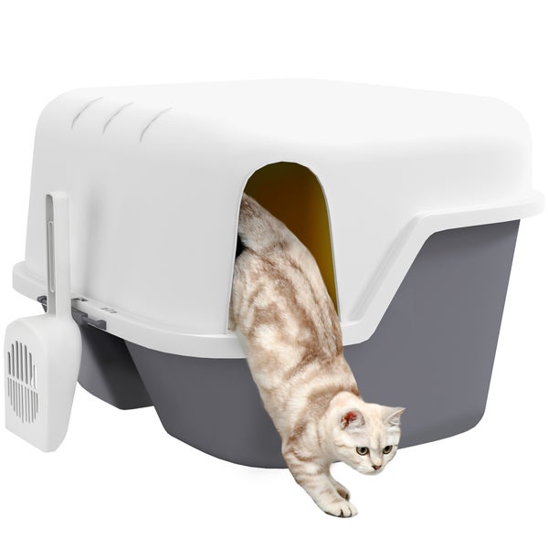 PawHut Katzentoilette mit Deckel, Katzenklo mit Sieb, Schaufel, geschlossen Katze Toilettenhaus für kleine Katze unter 3,5 kg, Indoor, Kunststoff, Cremeweiß