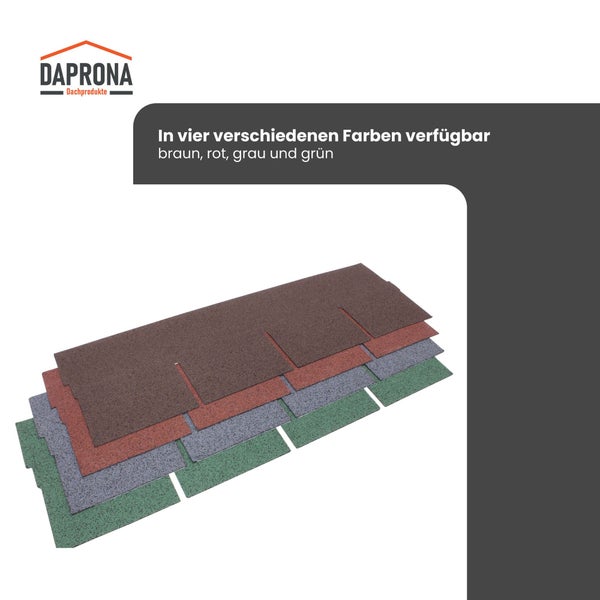 Daprona Logo. Bitumenschindeln in vier Farben erhältlich: braun, rot, grau und grün.