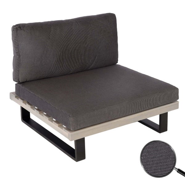 Moderner Garten-Lounge-Sessel mit strukturierten Sitz- und Rückenkissen, hellem Holzlattenrost und schwarzen Metallbeinen in U-Form.