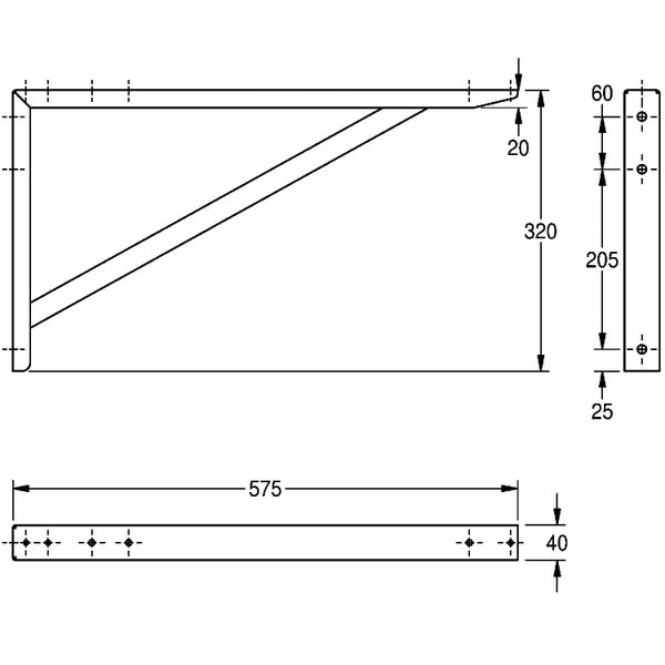 Technische Zeichnung einer Schwerlastkonsole mit den Maßen 575 mal 320 Millimeter und einer Breite von 40 Millimeter.