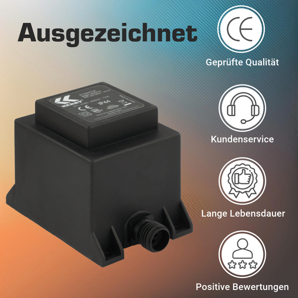 Kerry Netztransformator mit Symbolen für geprüfte Qualität, Kundenservice, lange Lebensdauer und positive Kundenbewertungen.