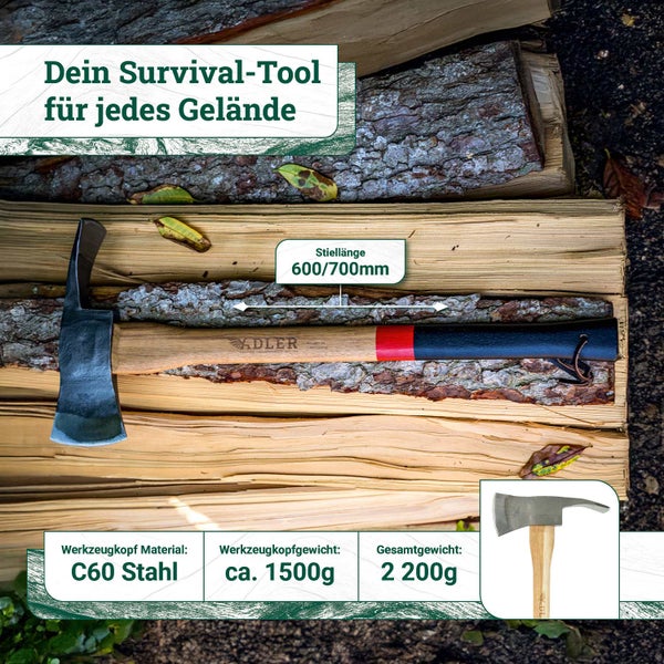 ADLER Spaltaxt mit Stiel aus Holz, C60 Stahl Kopf, 1500 Gramm Kopfgewicht, 2200 Gramm Gesamtgewicht, 600 bis 700 Millimeter Stiellänge.
