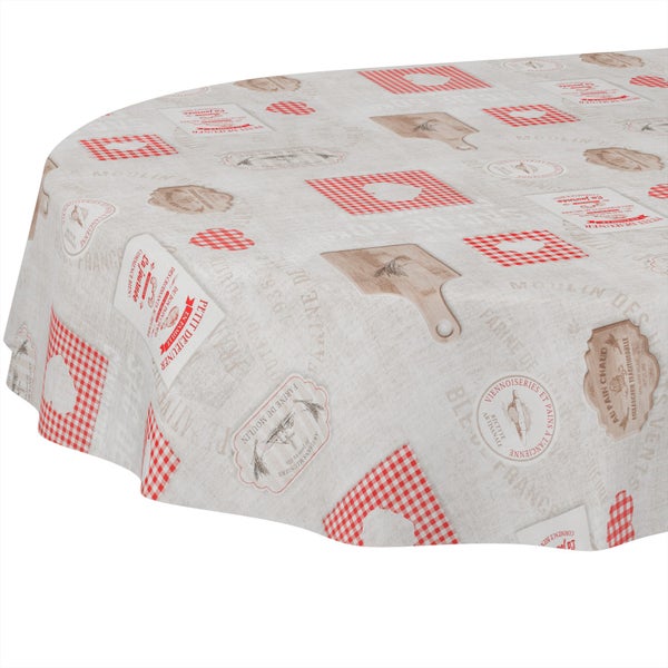 Ovale Tischdecke mit französischem Frühstücksmotiv, rot-weißen Karomustern, Schneidebrettern und Bäckerei-Schriftzügen.