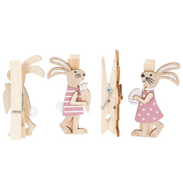 Dekorative Osterklammern aus Holz, Hasenmotive mit Karotte und Ei.