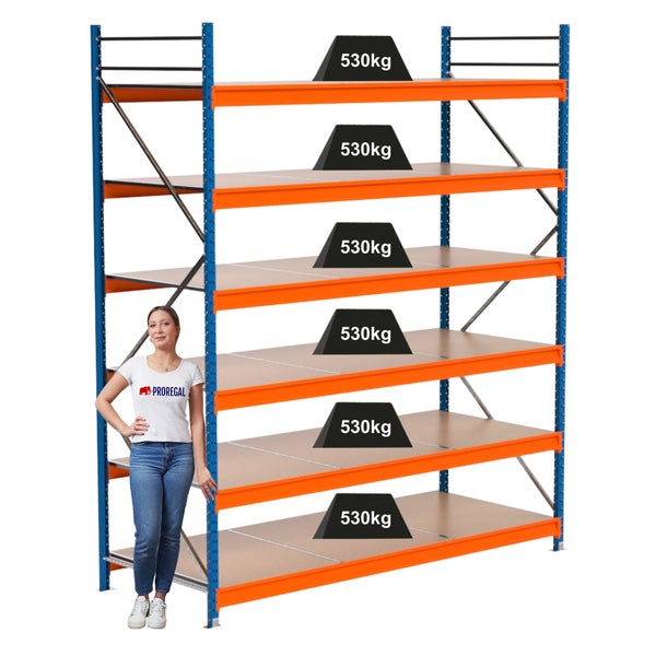 Lagerregal mit sechs Ebenen und einer maximalen Traglast von 530 Kilogramm pro Ebene.