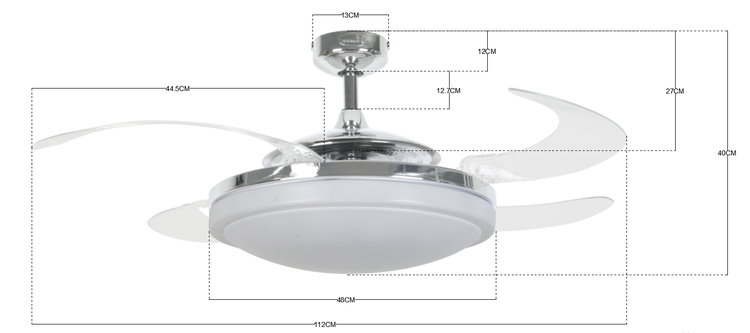 Deckenventilator mit Beleuchtung und ausklappbaren Flügeln mit Maßangaben in Zentimetern