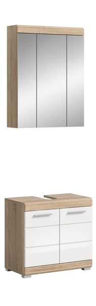 Badezimmermöbel-Set bestehend aus einem dreitürigen Spiegelschrank und einem Waschbeckenunterschrank in Eiche-Optik mit weißen Fronten.