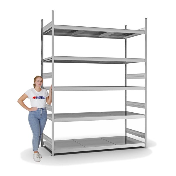 PROREGAL Weitspannregal Stecksystem T-Profil Grundregal HxBxT 300x225x80 cm 5 Ebenen Stahlplatten Fachboden Fachlast 350 kg Verzinkt