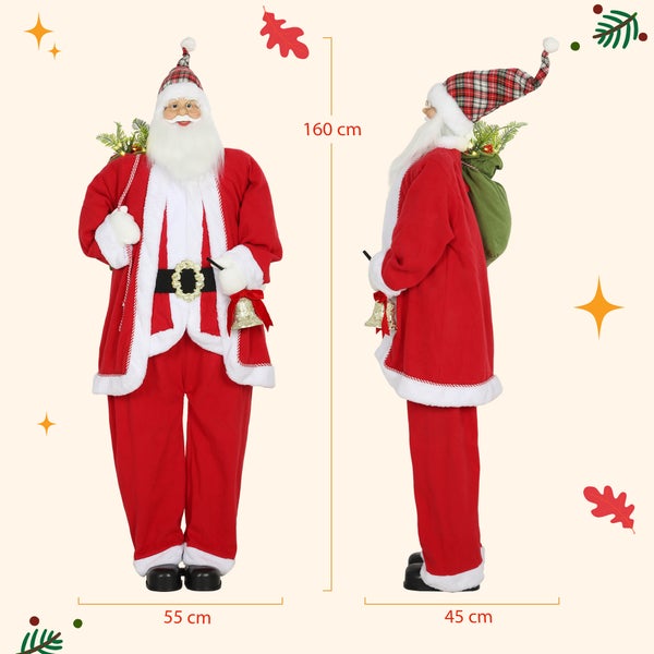Stehende Weihnachtsmann-Figur mit Sack und Glocke, Maße einhundertsechzig Zentimeter hoch, fünfundfünfzig Zentimeter breit und fünfundvierzig Zentimeter tief.