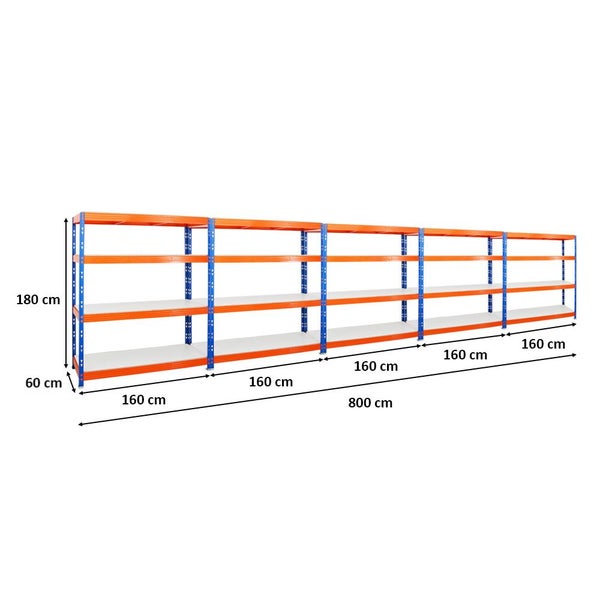 PROREGAL Mega Deal 5x Profi Schwerlastregal Rhino HxBxT 180 x 160 x 60 cm 4 Melamin-Ebenen 16mm Fachlast 500 kg Blau-Orange