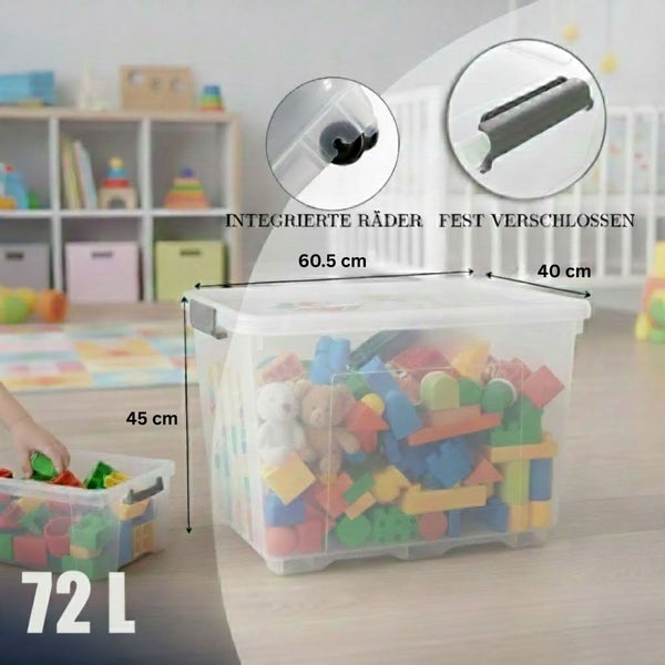 Transparente Spielzeugkiste mit Rollen und festem Verschluss, Abmessungen 60,5 x 40 x 45 cm