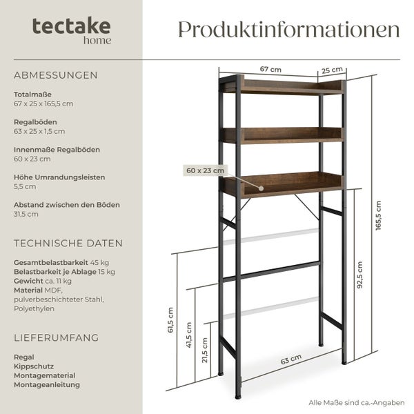 Tectake Home Standregal aus Stahl und Holz mit Maßen und technischen Daten in einer Übersichtsgrafik.