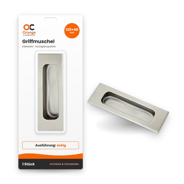 Orange Commerce Griffmuschel eckig aus Edelstahl, 120 mal 40 Millimeter, fuer Schrank und Schublade
