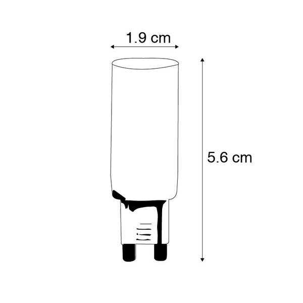 Technische Zeichnung eines zylindrischen Leuchtmittels mit den Maßen: Breite 1,9 Zentimeter und Höhe 5,6 Zentimeter.
