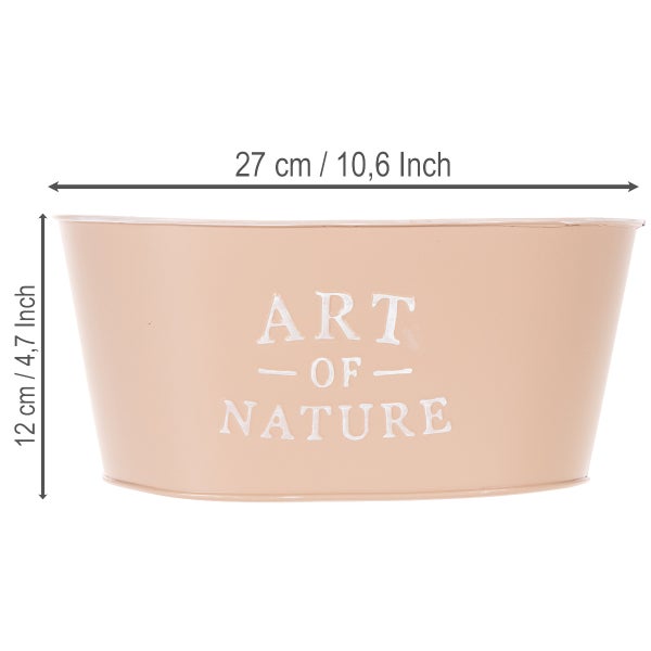 Ovaler Zink-Übertopf in Beige mit Aufschrift Art of Nature, Breite 27 Zentimeter, Höhe 12 Zentimeter.