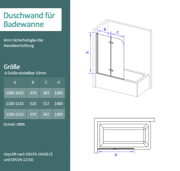 EMKE Badewannenaufsatz 2-teilig 110 x 140 cm Schwarz – Faltbare Duschwand aus 6 mm ESG-Sicherheitsglas mit NANO-Beschichtung, beidseitig montierbar