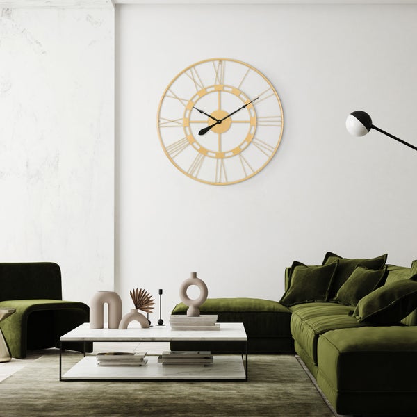 WOMO-DESIGN | Große Wanduhr Stockholm Ø85 cm rund, Unikat, handgefertigt aus Eisen, im Vintage-Stil, Altgold mit Großen römische Ziffern, Lautlos, ohne Tickgeräusche, Dekouhr Dekorative Uhr Design Uhr