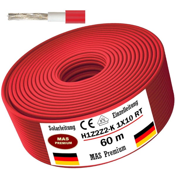 Eine 60 Meter lange Rolle rote Solarleitung H1Z2Z2-K 1X10 von MAS Premium mit CE-Kennzeichnung und VDE-Prüfzeichen.