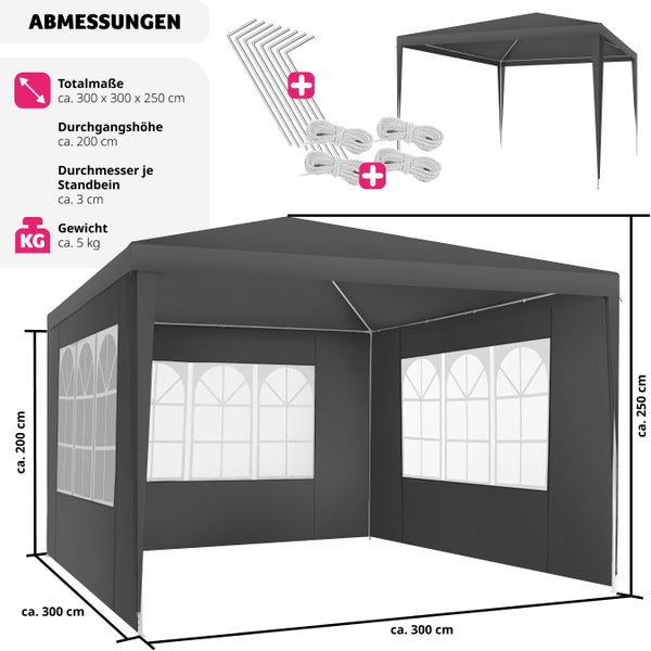 Pavillon tectake Baraban inklusive Spannseile und Heringe 3 x 3 m grau