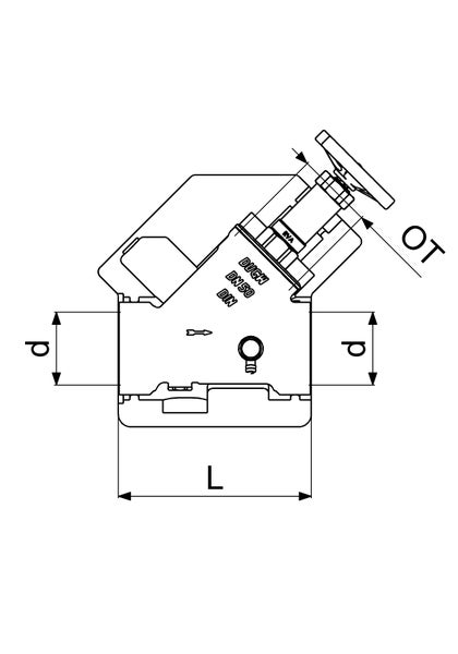 Technische Zeichnung eines Schrägsitzventils mit Maßangaben für Durchmesser, Länge und Oberteilhöhe.