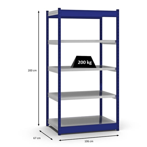 PROREGAL Fachbodenregal Stecksystem Vierkant-Profil Grundregal HxBxT 200 x 102,5 x 60 cm 5 Ebenen Einseitige Bauart Fachlast 200 kg Enzianblau
