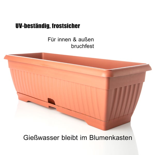 BigDean Blumenkasten mit abnehmbarem Untersetzer - Terracotta 50 cm lang aus bruchsicherem Kunststoff - Balkonkasten Pflanzkasten mit Wasserspeicher für Innen- & Außenbereich geeignet - Made in Europe