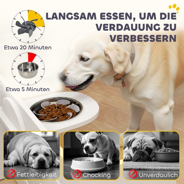 PawHut Hundenapf erhöht, 3 Stufen Höhenverstellbar Futternapf für Hunde mit Separatem Design, Anti-Schling-Matte, Fressnapf mit 2 Edelstahl-Schüsseln, für alle große Hunde, Weiß