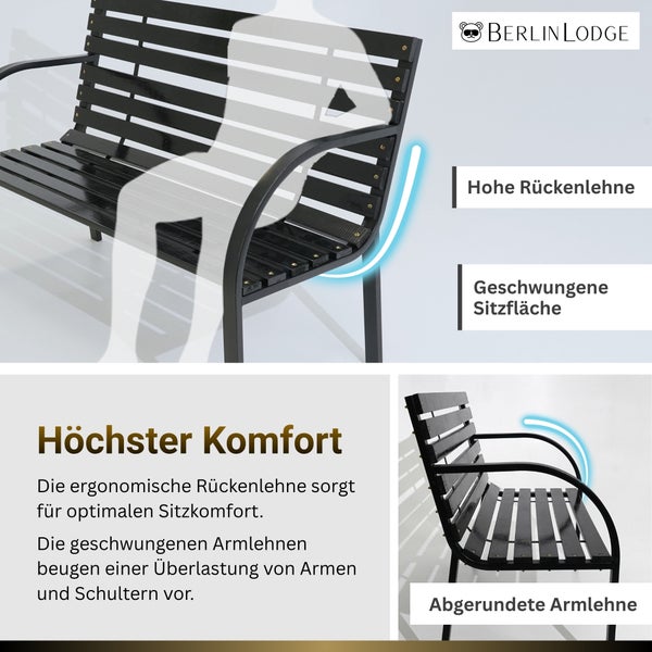 Schwarze Gartenbank aus Holzlatten und Metallgestell, Ansichten von vorne, von der Seite und schräg.