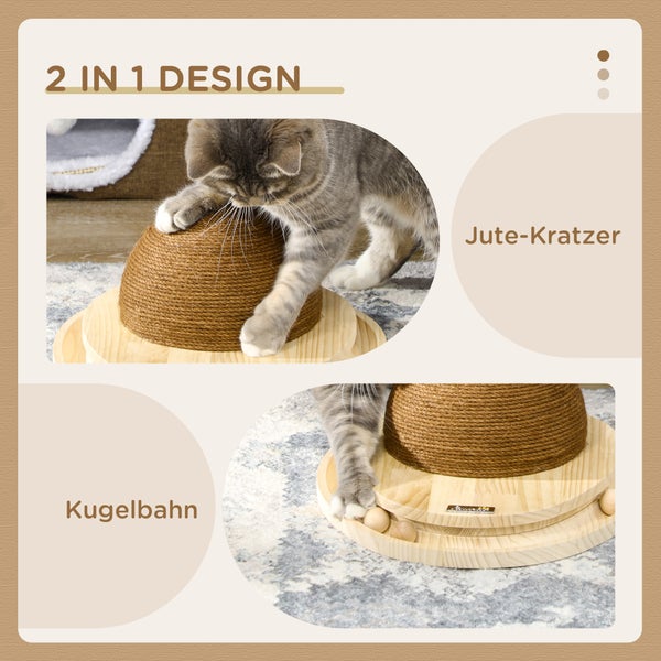 2 in 1 Katzenspielzeug mit einem Jute Kratzer und einer Kugelbahn aus Holz, Katze kratzt an der Jute Halbkugel.