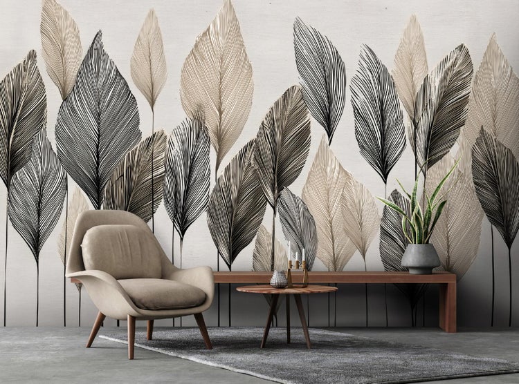 Fototapete Blätter Abstrakt Beige Boho Wohnzimmer Vlies Tapete 250x175 cm