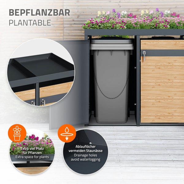 ML-Design Mülltonnenbox 4er mit Pflanzdach für 4 Tonnen, 240L 264x80x124 cm Lärchenoptik, Stahl, wetterfest, Abschließbare Mülltonnenverkleidung mit Tür, Müllbox Mülltonnecontainer Mülltonnenabdeckung