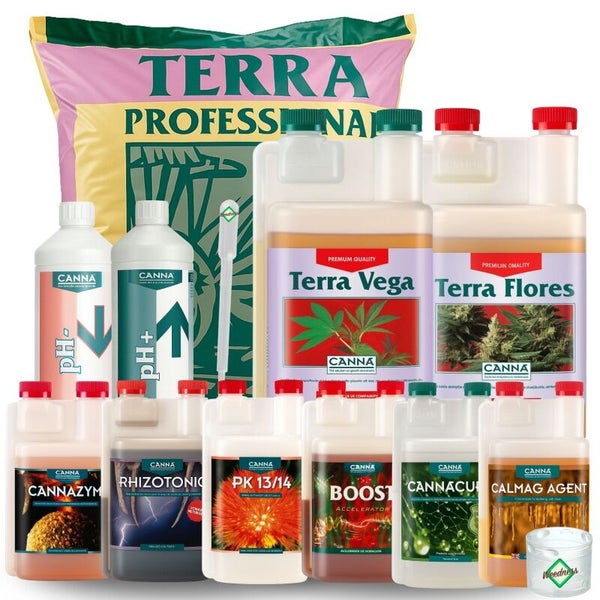 Canna Terra Professional Düngerset mit Erde, Terra Vega, Terra Flores, pH-Regulatoren und diversen Pflanzennährstoffen.