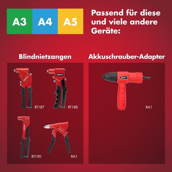 Übersicht passender Arrow Geräte für A3, A4 und A5 Nieten: Blindnietzangen RT187, RT188, RT190, RA1 und Akkuschrauber-Adapter RA1.