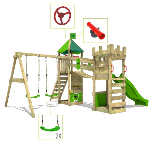 FATMOOSE Spielturm Ritterburg RiverRun mit Schaukel und Rutsche, Spielhaus mit Sandkasten, Leiter und Spiel-Zubehör – grün