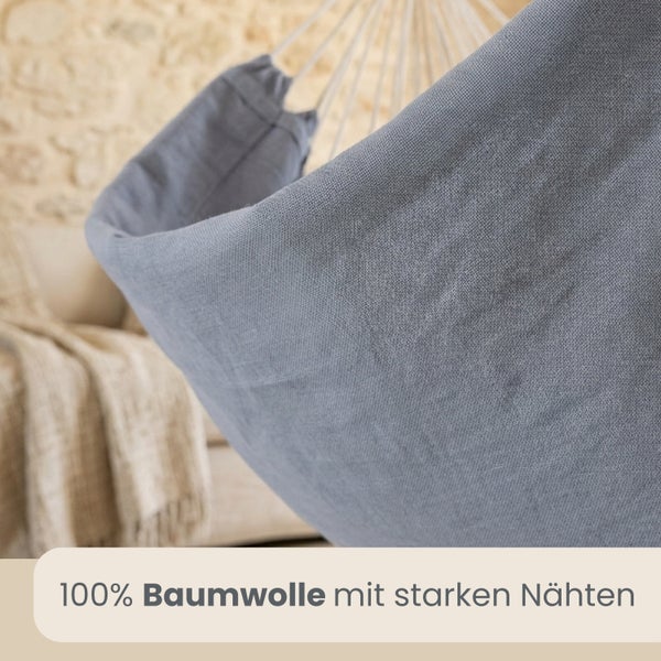 Nahaufnahme einer Hängematte aus 100 Prozent Baumwolle mit starken Nähten und gewebter Stoffstruktur.